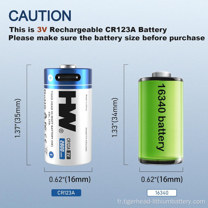 4 batteries au lithium rechargeables USB-C 3V RCR123A 2800mWh